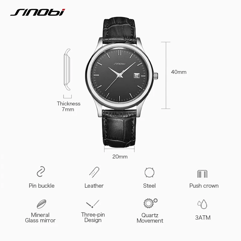 

Sinobi High Quality Men's Business Quartz Watch Stainless Steel Band 30M Waterproof Date Wristwatches Clock Relogio Masculino