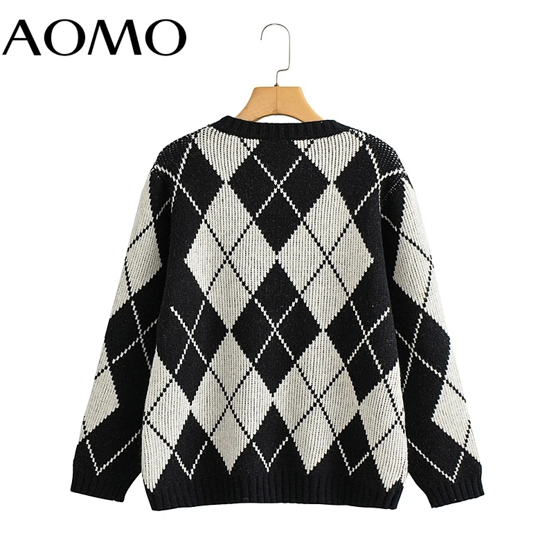 

AOMO Women 2021 Fashion Loose Geometry Knitted Sweater Jumper O Neck Female Oversize Pullovers Chic Tops BC192A
