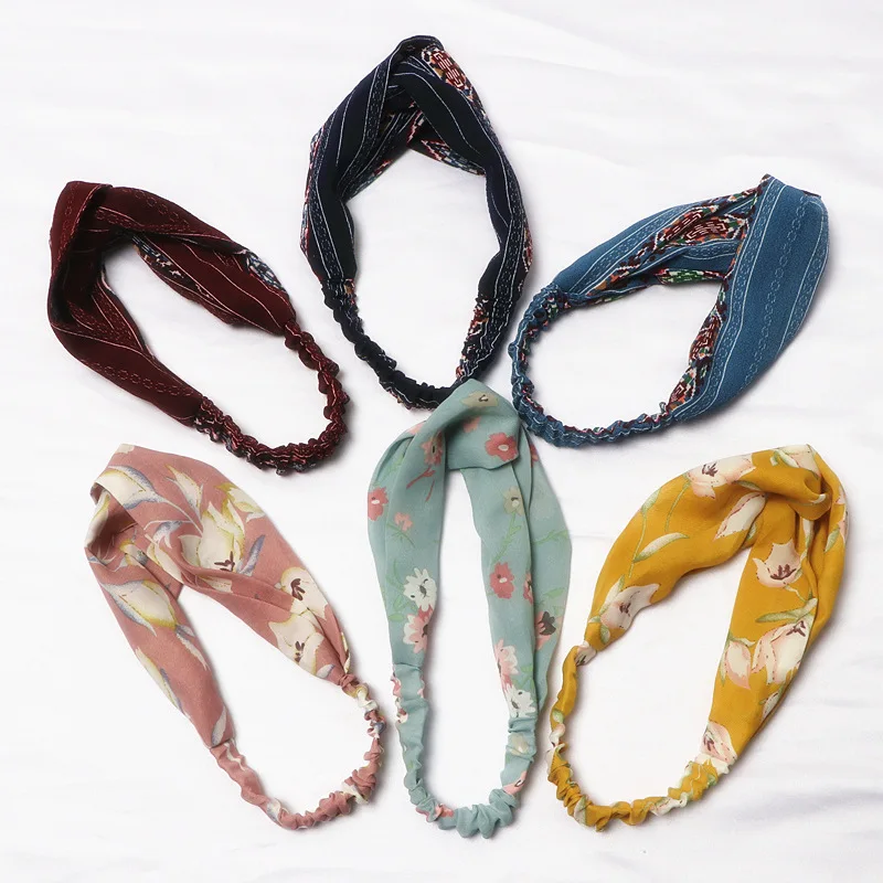 

Diamond-shaped chiffon elastic cross hairband Korean style literary retro hair accessories printing headband fashion headband