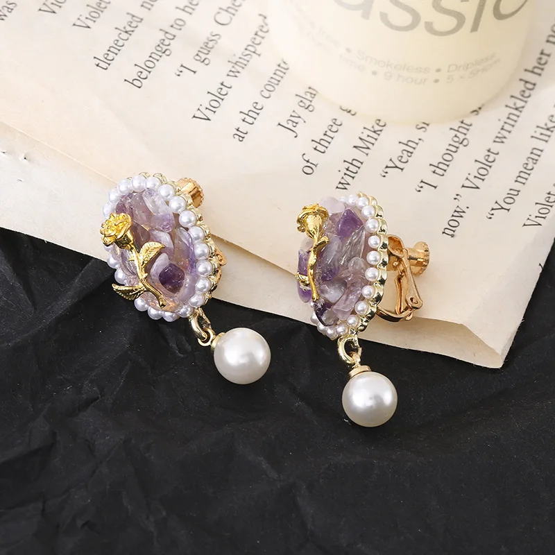 

Vintage Baroque Palace Style Purple Crystal Rose Stud Earrings Without Pierced Ear Clips Earrings for Women Clip on Earrings