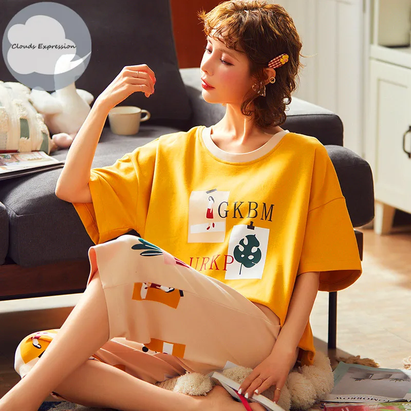 Лидер продаж хлопковые Пижамные комплекты с коротким рукавом женские пижамы