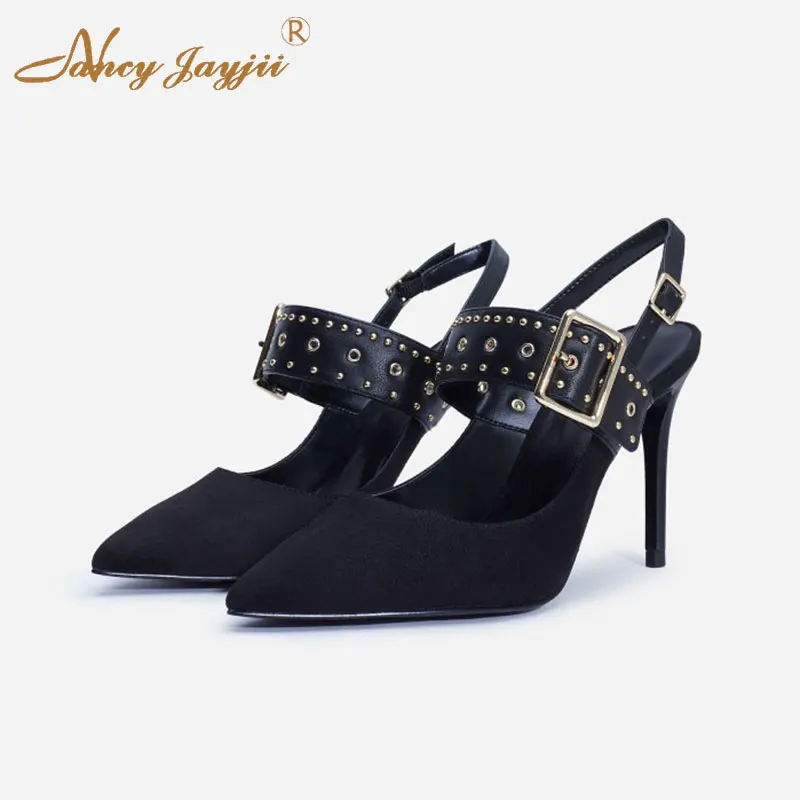 

Nancyjayjii Black Flock Women’S Slingbacks Pumps Pointed Toe Super Stiletto Heels Ladies Party Rivet Buckle Strap Autumn Shoes