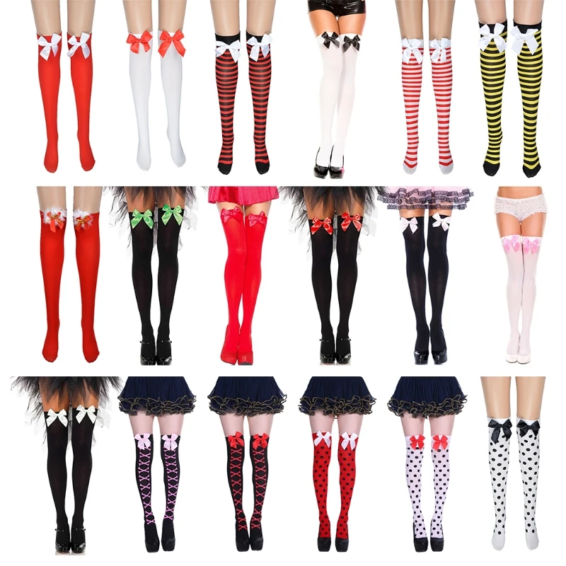 

573B Women Halloween Christmas Thigh High Stockings Striped Polka Dot Cross Skeleton Sweet Bow Cosplay Over Knee Long Socks