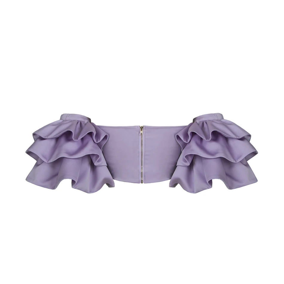 

High Quality Women's Spring 2021 Fashion New Purple Crop Top Sexy V-neck Strapless Ruffle Sleeve Backless Party Short Top