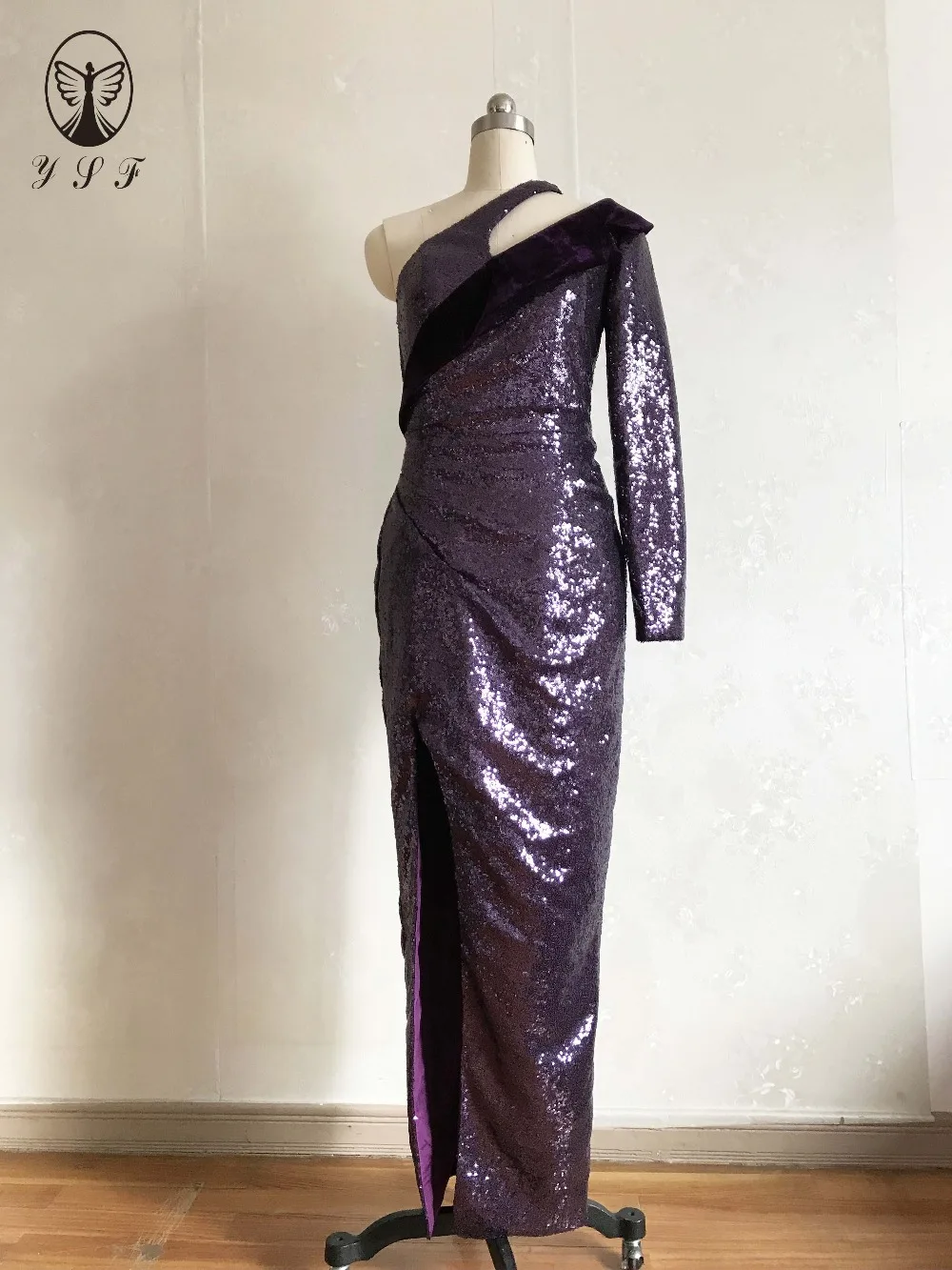 Сексуальное Фиолетовое Платье Vestidos De Fiesta с вырезом на одно плечо, с длинным рукавом, с блестящими пайетками, кружевное вечернее платье длиной до пола