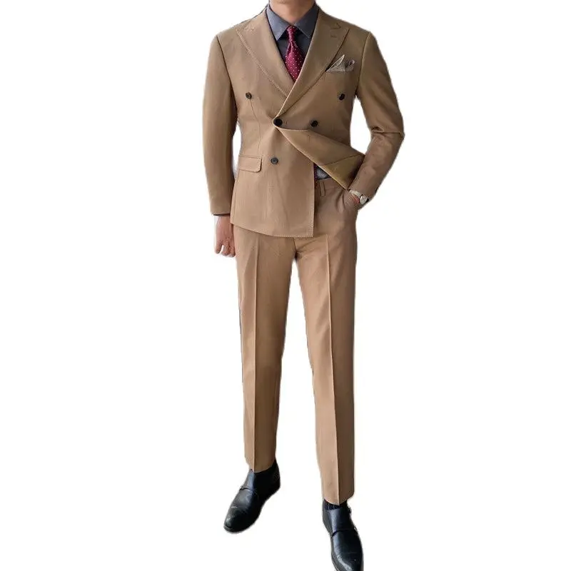 

2022 New Fashion Light Brown Peaked Lapel Double-Breasted Men Suit Casual Slim Fit Business Groom Wedding British Style Wear