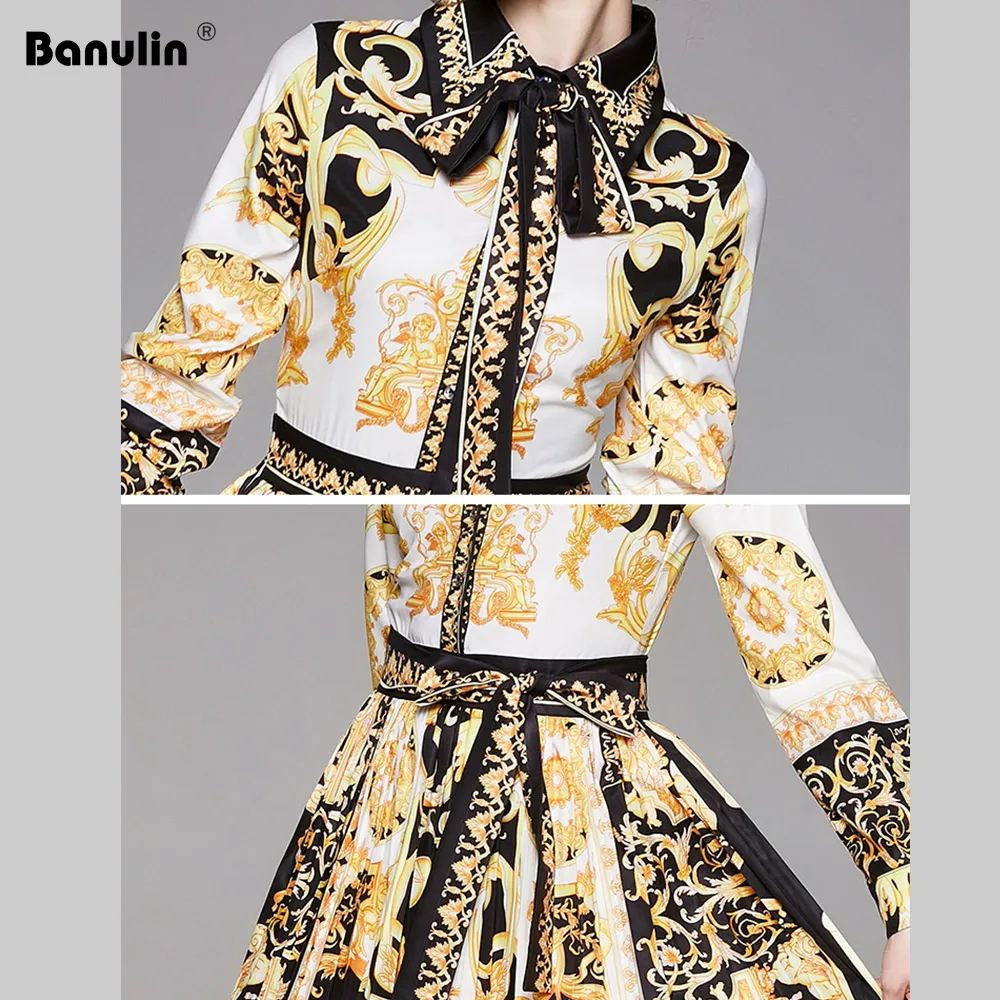 

Banulin Runway Designer Women's Maxi Dress 2020 Spring Vintage Baroque Floral Print Puff Sleeve Sashes Pleated Shirt Dress
