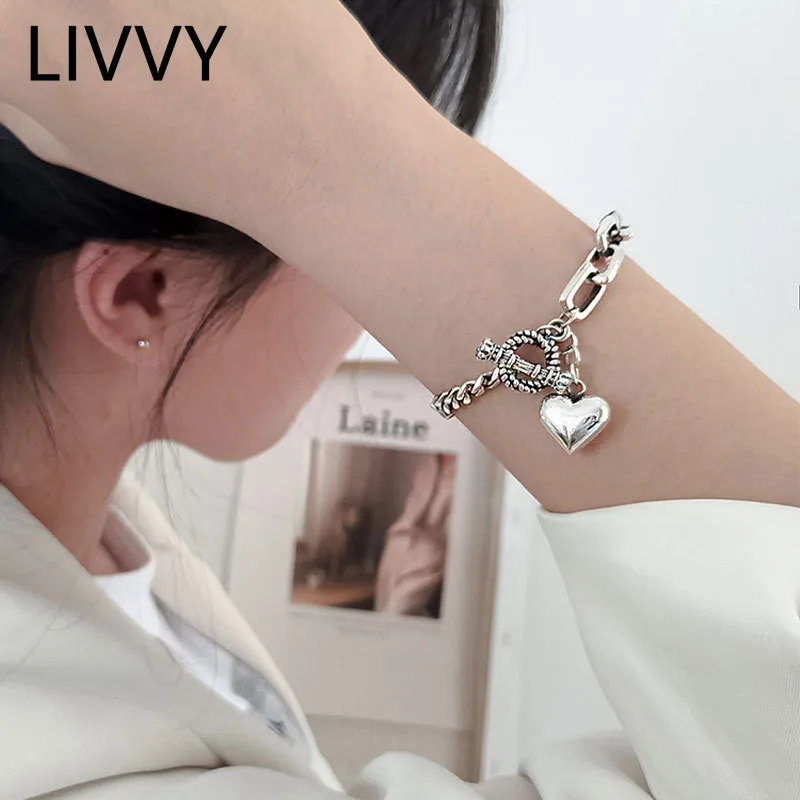 

LIVVY New Fashion Hot Sale Buckle Design Thai Silver Color LOVE Heart Pendant Bracelet for Women Vintage Party Jewelry