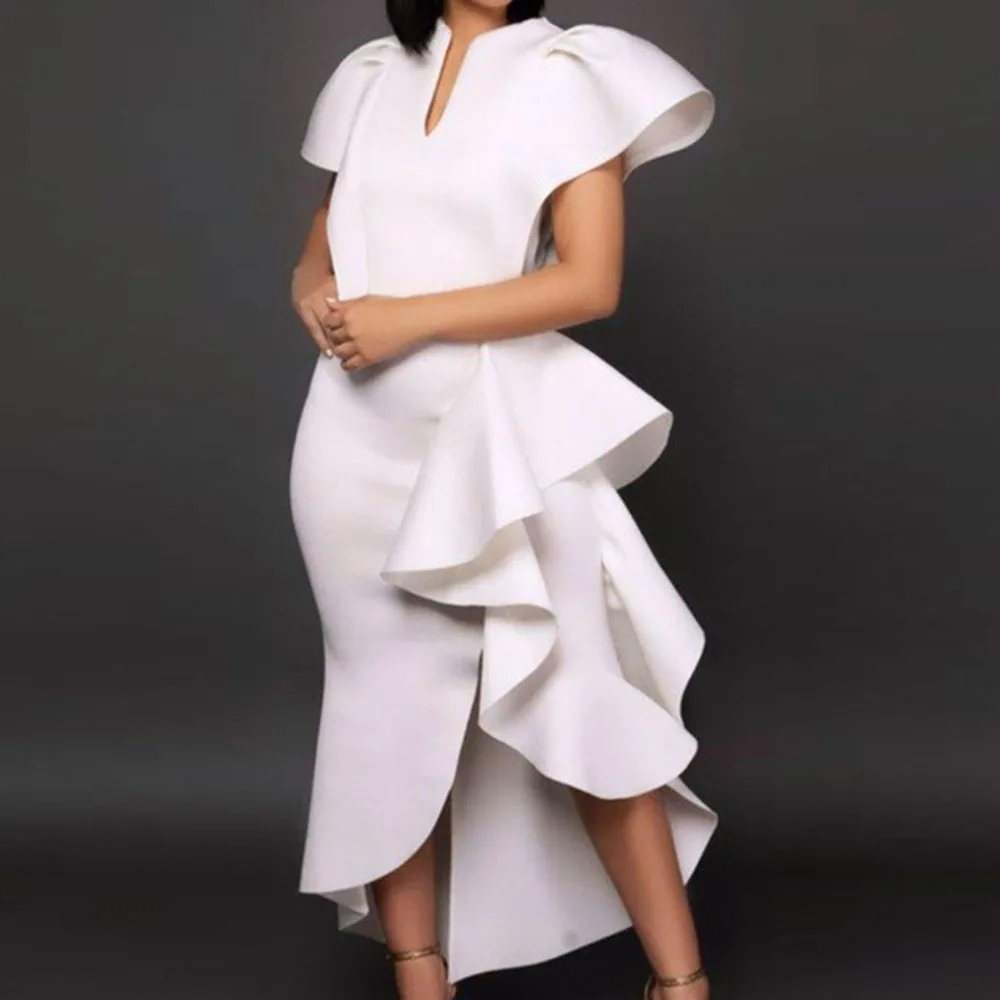 Summer Women Ruffles Evening Party Dresses Elegant African Asymmetric Mermaid Long Dress Plus Size White Robe De Soiree | Свадьбы и