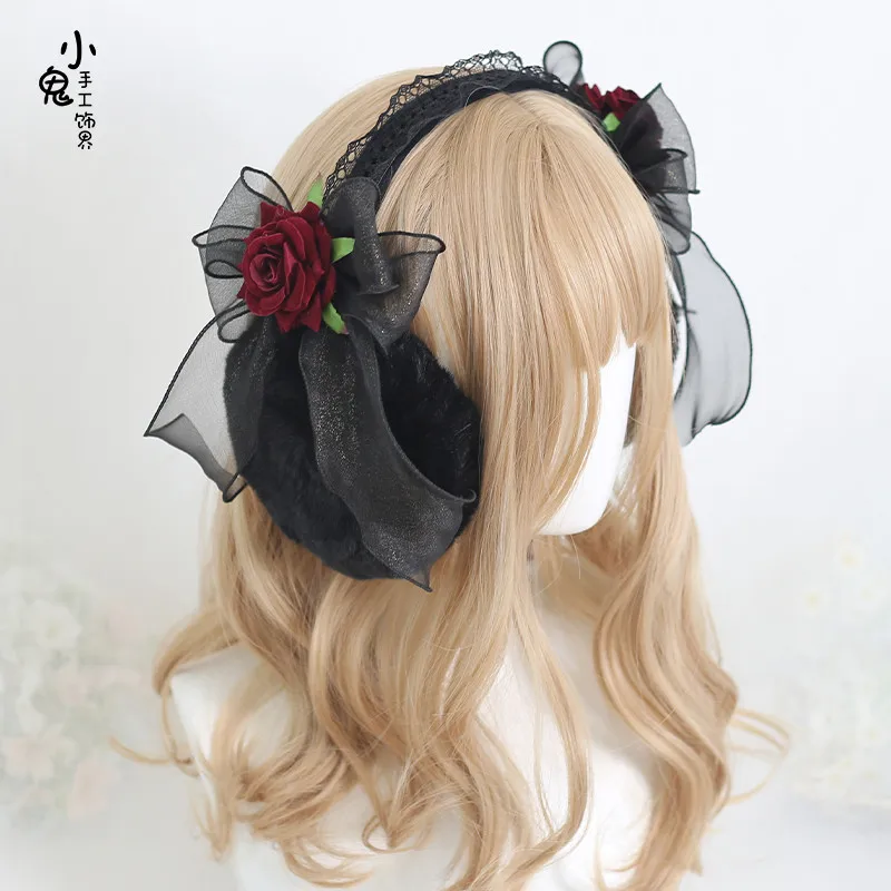 

Winter Ear Bag Darkly Plush Gauze Bowknot Earmuff Janpanese Lolita Soft Sister Girl Red Rose Accessories Lace Keep Warm Earcap
