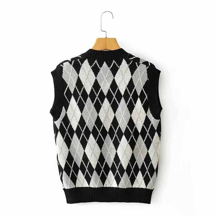 

Autumn Winter New Korean Style Fresh Sweet College Style Color-Contrast Check Vest Elegant V-neck Sleeveless Knitted Top