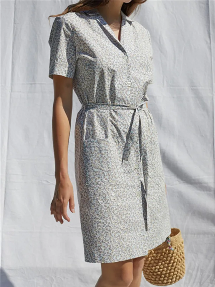 

V-neck Lady Knee-length Dress Vintage Floral Short Sleeve Lace-up Single Breasted Printing Sashes Prairie Chi Women Robe