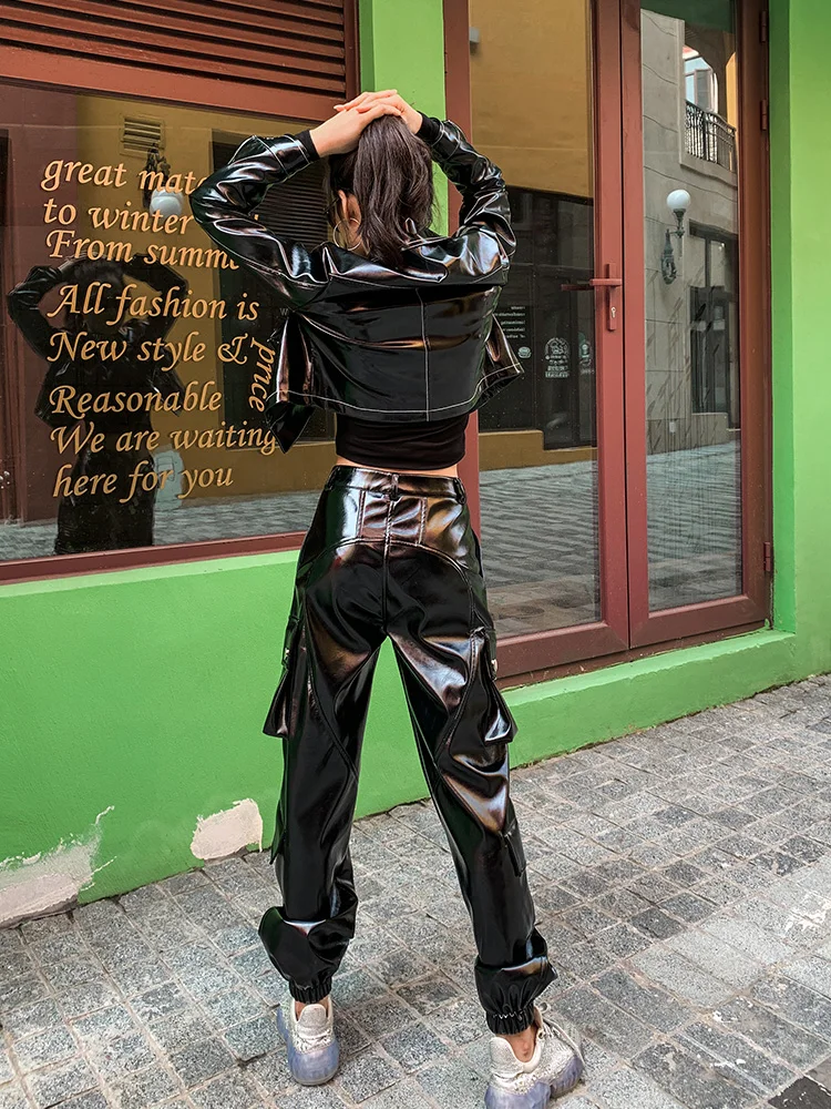 Fashion brand bright glossy PU leather cargo pants female street punk style hip bag full length pu leather trousers F930