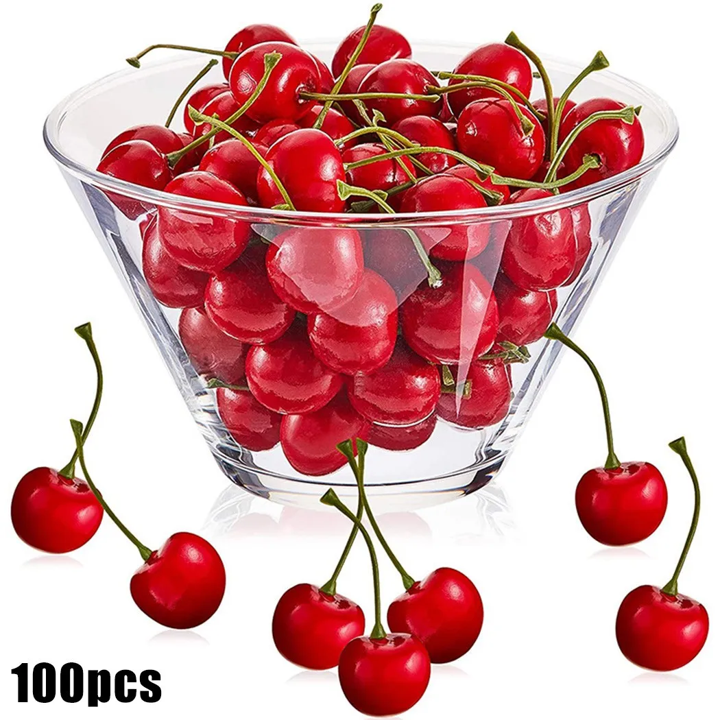 

100pcs Artificial Plastic Cherry Fruit Fake Display Cherries Simulation Fruit Model Kitchen Home Foods Decor Photography Prop