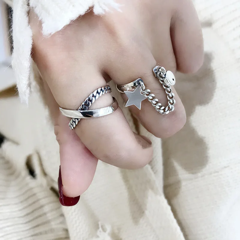 

925 Sterling Silver Tassel Chian Stars Finger Rings for Women Men Weaving Cross Geometric Rings Hiphop Jewelry Gift S-R947