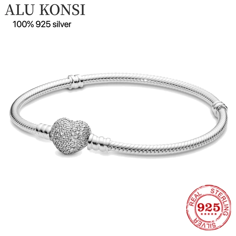

Hot Sale Real 100% 925 Sterling Silver pan bracelet Love heart crystal bracelet For Women Fit Original DIY Charm Jewelry