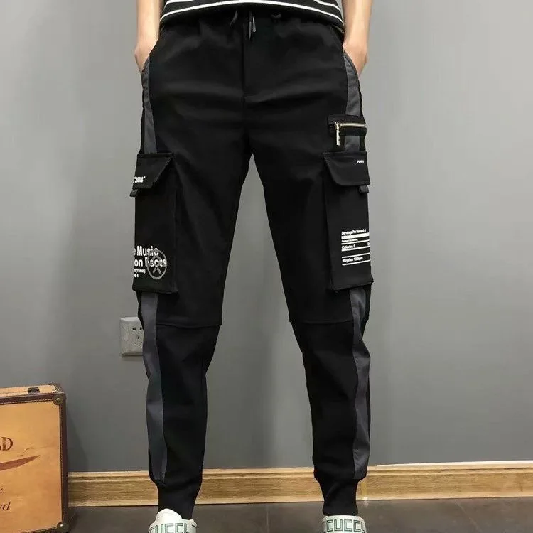 New Men Cargo Pants Black Ribbons Block Multi-Pocket Harem Joggers Harajuku Sweatpant Hip Hop Casual Tide Male Trousers | Мужская одежда