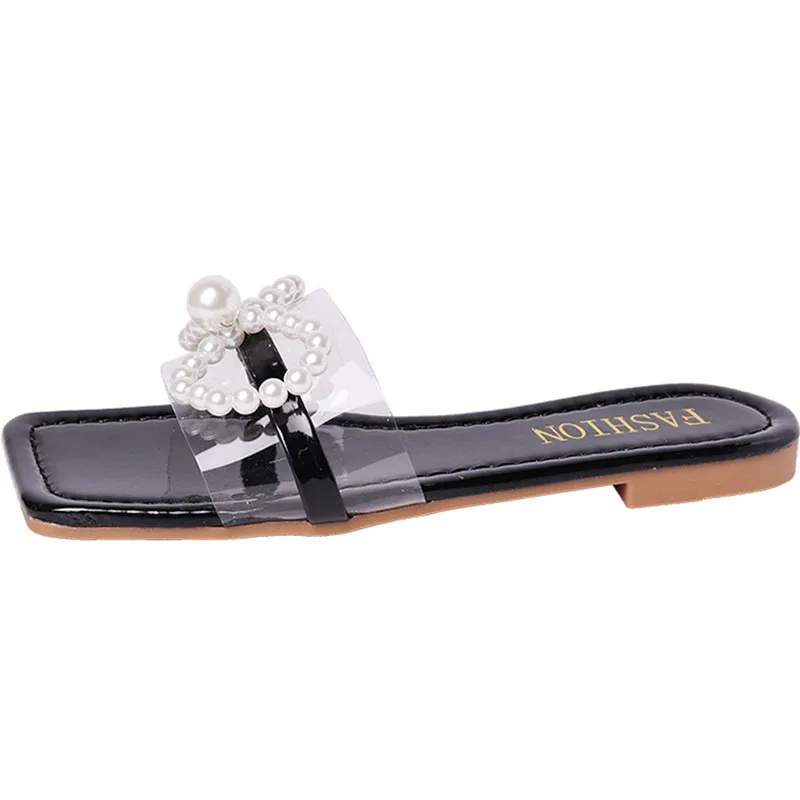

Summer Women's Slippers Women Pearl 2021 Square Toe Shoe Woman Casual Bowtie Flat Ladies Fashion Beach Sandalias Female Footwear