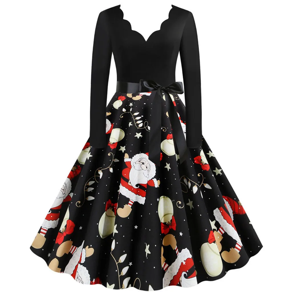 Многоцветное женское платье винтажное с длинным рукавом Рождество 1950 s