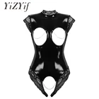 Эротическое Боди без чашек, сексуальное нижнее белье Тедди без выреза, женское черное влажного вида, латексный костюм-кошка из ПВХ, Женский порнокостюм, ночное белье