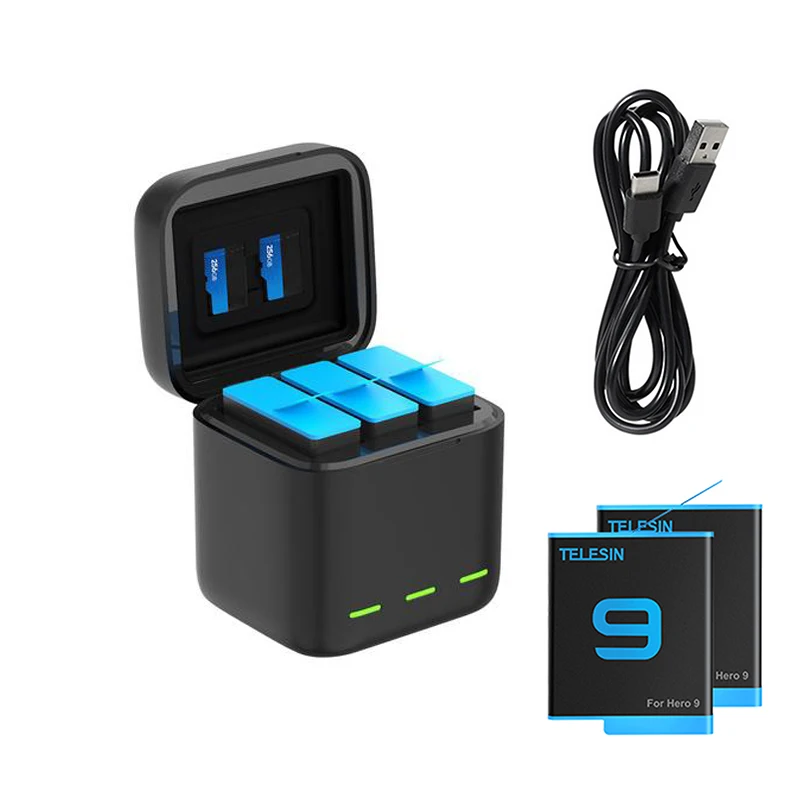 

For GoPro Hero 9 Triple Battery Charger 2 Battery Pack Charging Box Type-C Cable For Go Pro Hero9 Black Camera Accessories Set