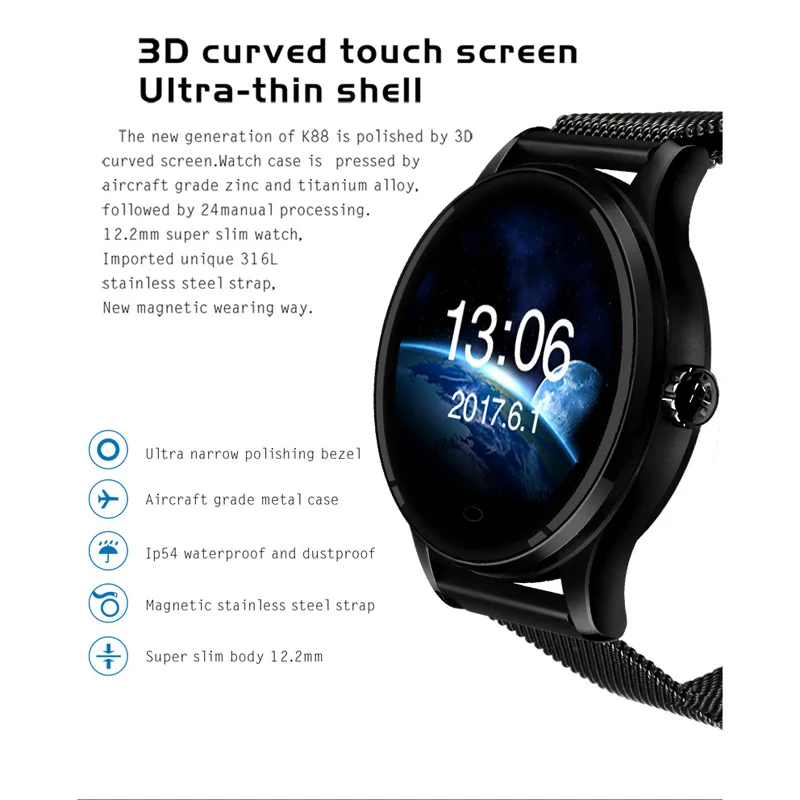 696 K88 Bluetooth Вызов Смарт часы Водонепроницаемый Шагомер монитор сердечного ритма