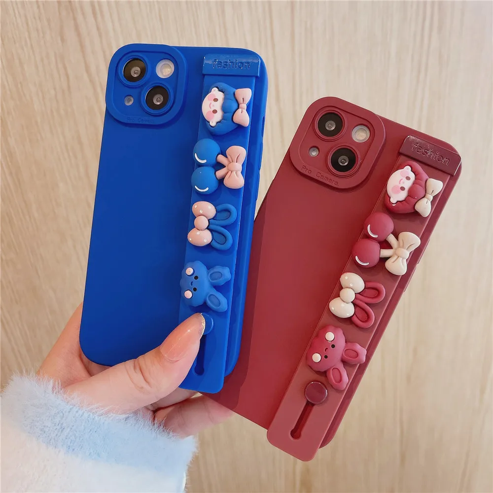

3D Relief Cherry Girl Cartoon Cute Wristband Phone Case For iPhone 13 12 11 PRO MAX XS X XR 7 8PLUS Solid Color Soft Frame Cover