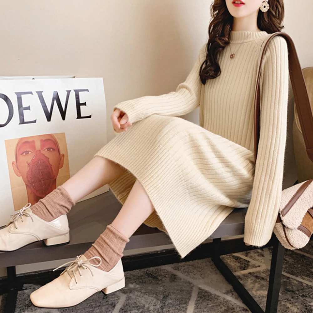 

Sweater Dress Women Khaki Black Dress Midi Long Sleeve Dress Slim O Neck Knitted Sweater Dress