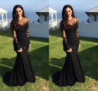 robe de soiree evening dresses 2018 sexy arabic illusion lace appliques beaded black mermaid long sleeves formal party gown