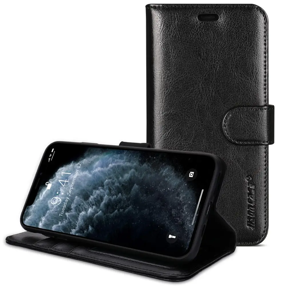 Jisoncase для iPhone 11 Pro Max кожаный флип чехол с кредитными отделениями Магнитный