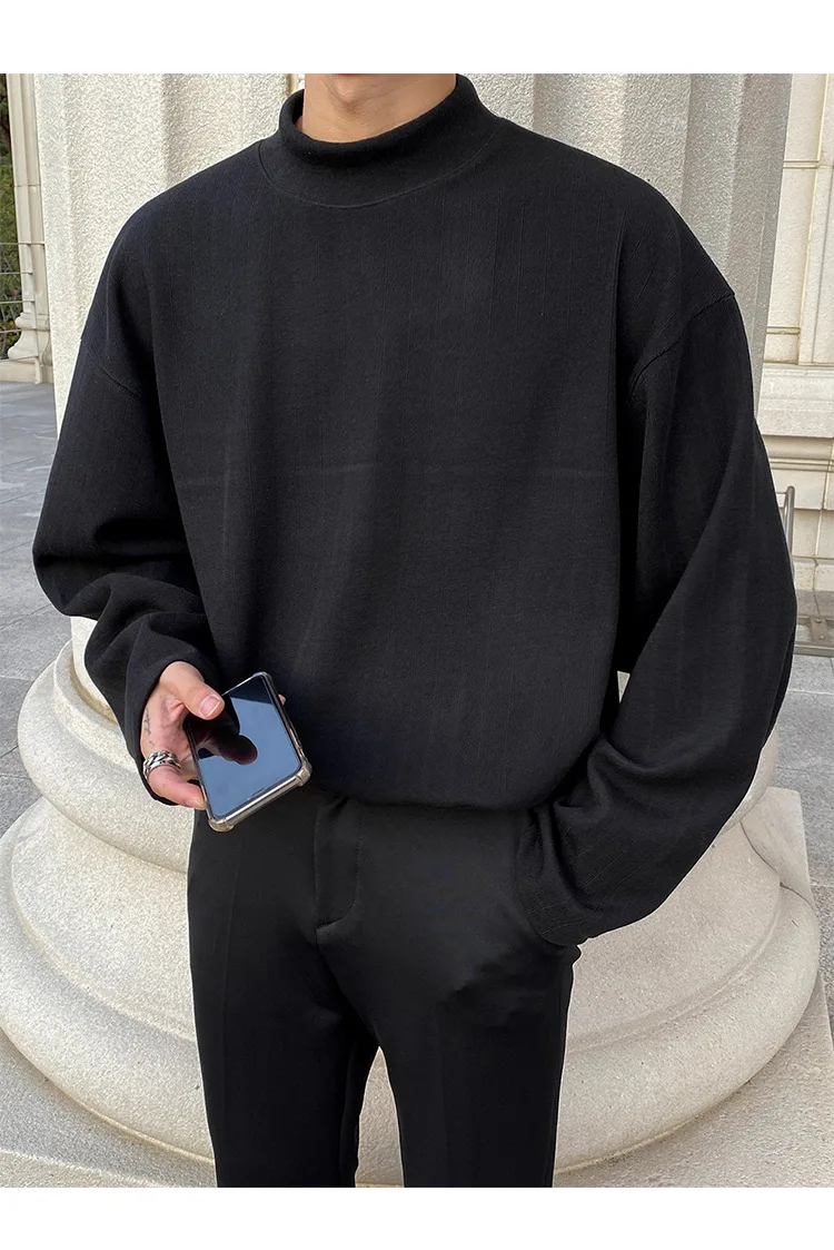 

Korean Stand-up Collar T Shirt Men's Fashion Solid Color Casual Cotton T-shirt Men Loose Korean Long-sleeved Tshirt Mens Tops