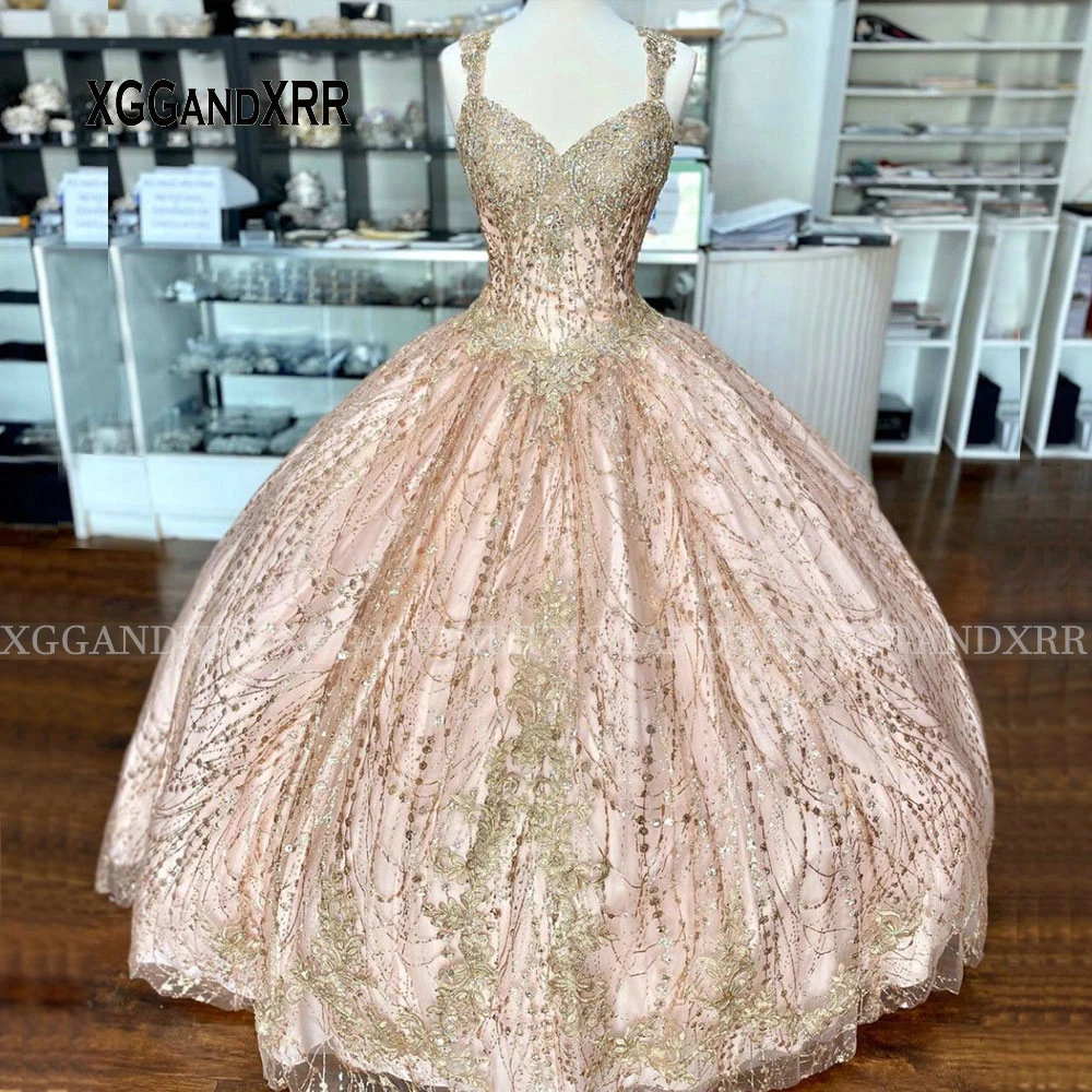 

Luxury Gold Quinceanera Dresses 2020 Sweetheart Spaghetti Shining Beaded Lace Aplique Sweet 15 16 Dresses Birthday Party Gown