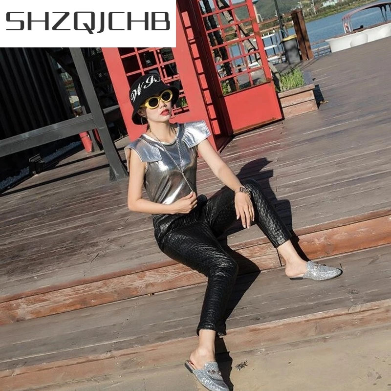 

JCHB 2021 Fashion Genuine Leather Thick Plaid Women Pencil Pants Drawstring Waist Casual Streetwear Female Ankle Length Trousers