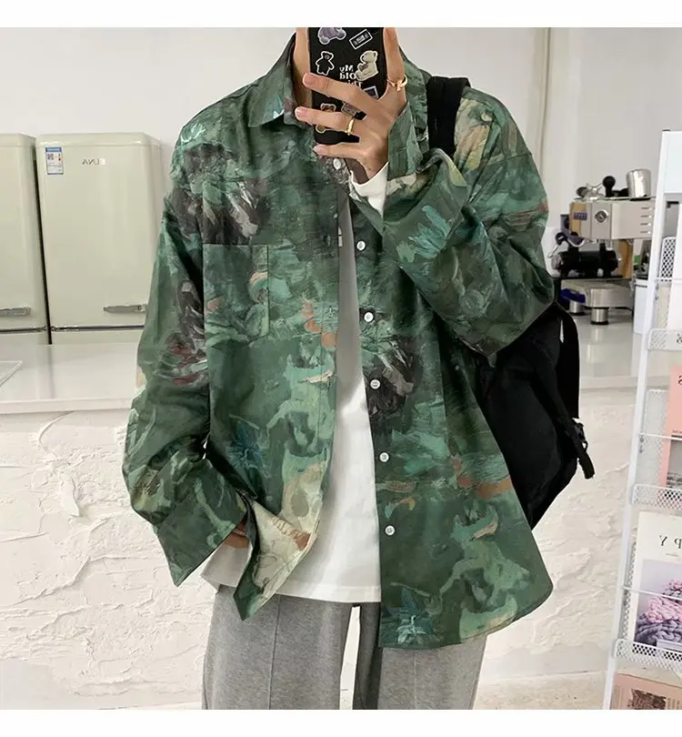 

WFF Japanese Fashion Retro Printed Long Sleeve Shirt Men's Street Casual Couple Shirt Coat Fashion Long Sleeve Shirt Mens Shirts