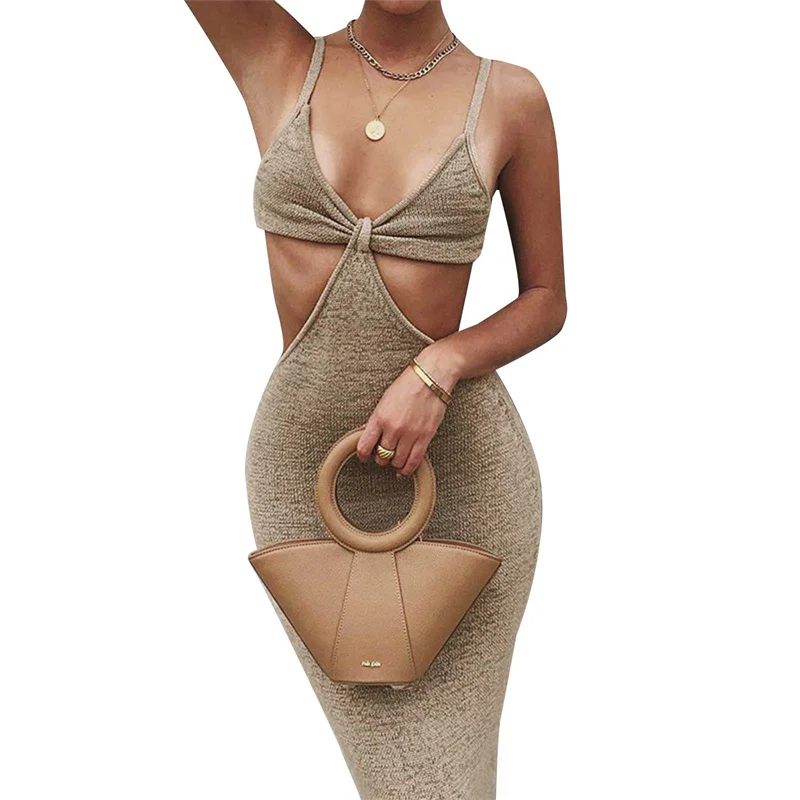 

Vacation Knitted Maxi Dresses for Women Summer 2021 Elegant Sexy Party Cut Out Backless Bodycon Dress