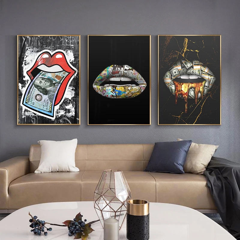 

Fashion Canvas Painting Abstract Red Lips Graffiti Money Poster and Print Wall Art Picture for Living Room Modern Home Decor
