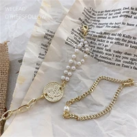 korean baroque 18k gold irregular design pearl chain geometric chunky bracelet vintage coin pendant thick chain bracelet