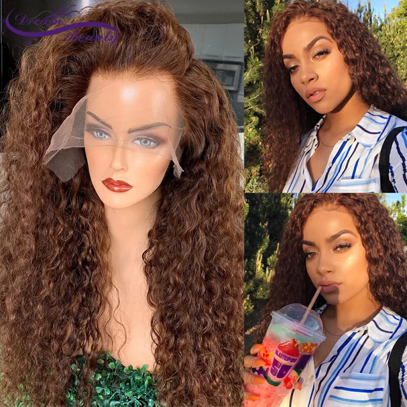 Renkli kahverengi kıvırcık dantel ön peruk 180% 13x4 dantel ön İnsan saç peruk kadınlar için brezilyalı Remy İnsan saç peruk prepre