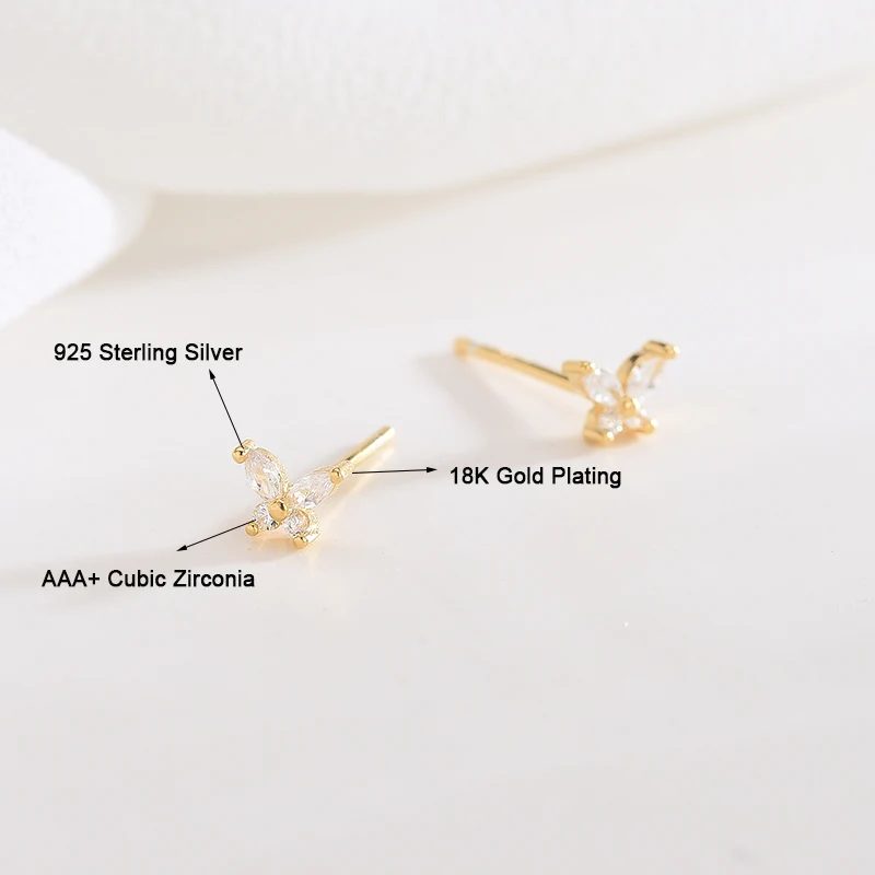 Joseph Mola 925 Sterling Silver Cute Small Butterfly Cubic Zirconia Stud Earrings For Women korean Style Fashion jewelry | Украшения и