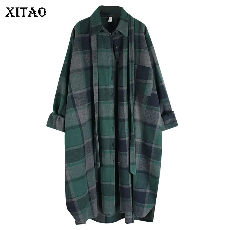 

XITAO Long Plaid Shirt Loose Fashion Casual Splicing Bandage Turn-down Collar 2021 Autumn Winter New Large Size Women JL0307