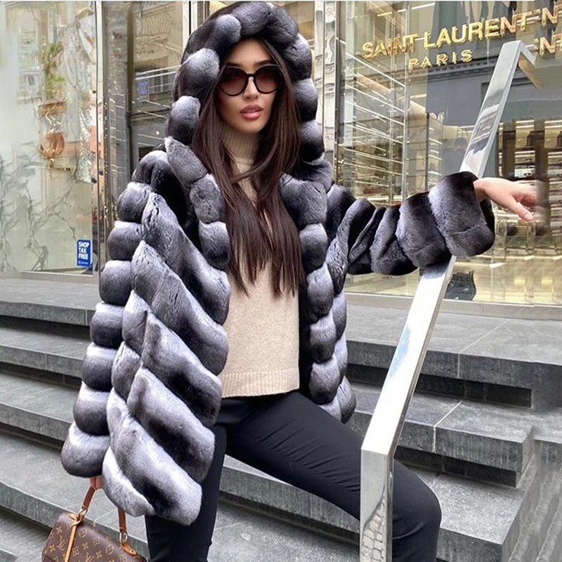 

Whole Skin Genuine Rex Rabbit Fur Jackets With Hood Chinchilla Color Fur Overcoats Women Winter Natural Real Fur Coats For Women