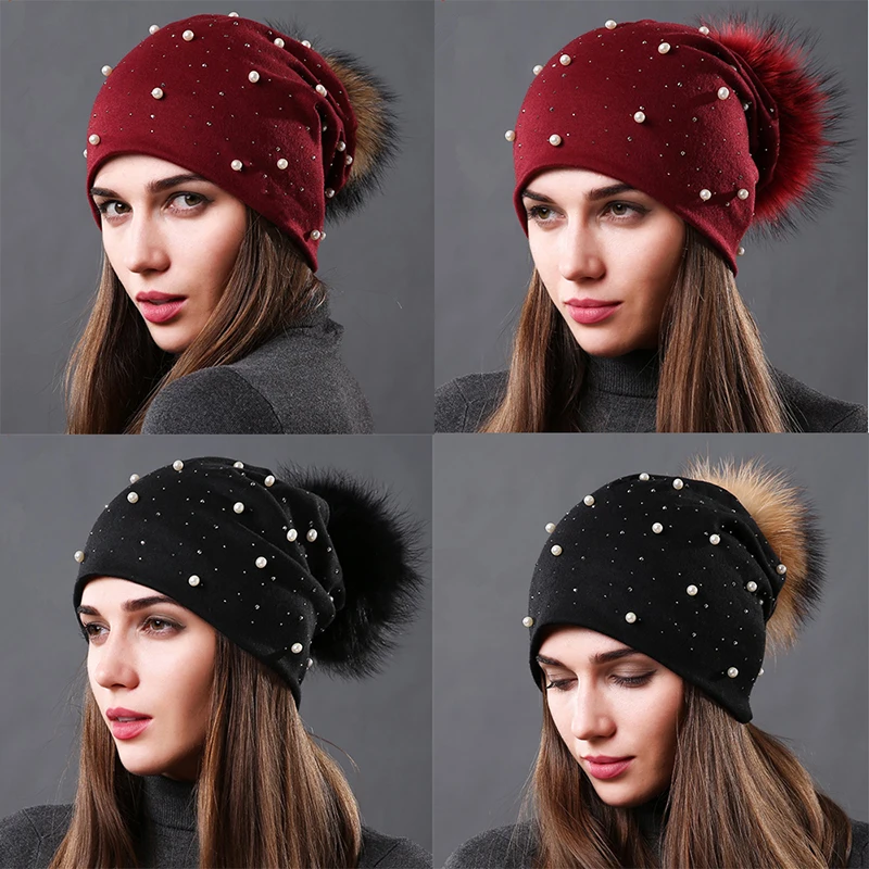 

Thick Double Layer Cashmere Beanie with Pearls Big Real Raccoon Fur Pom Pom Hat Winter Slouchy Beanie Women Pom Pom Beanie Hat