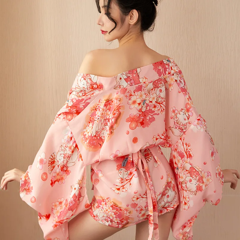 

Lovely Japanese Uniform Bow Sakura Kimono Sexy Lingerie Uniform Cardigan Printing Floral Bathrobe Dressing Gown for Women
