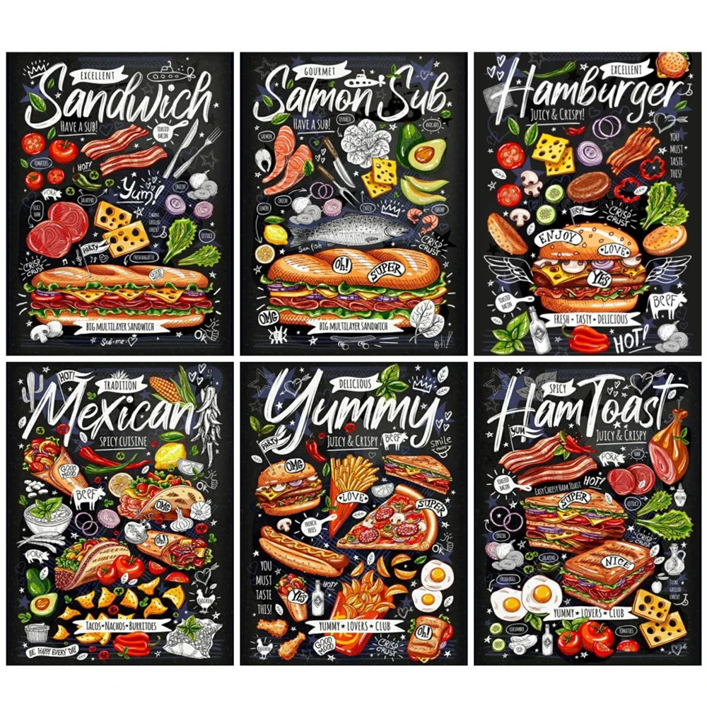 

Красочная Алмазная картина AB с текстом 5D, полностью квадратная Алмазная вышивка «сделай сам», еда, гамбургер, стразы для мозаики, домашний д...