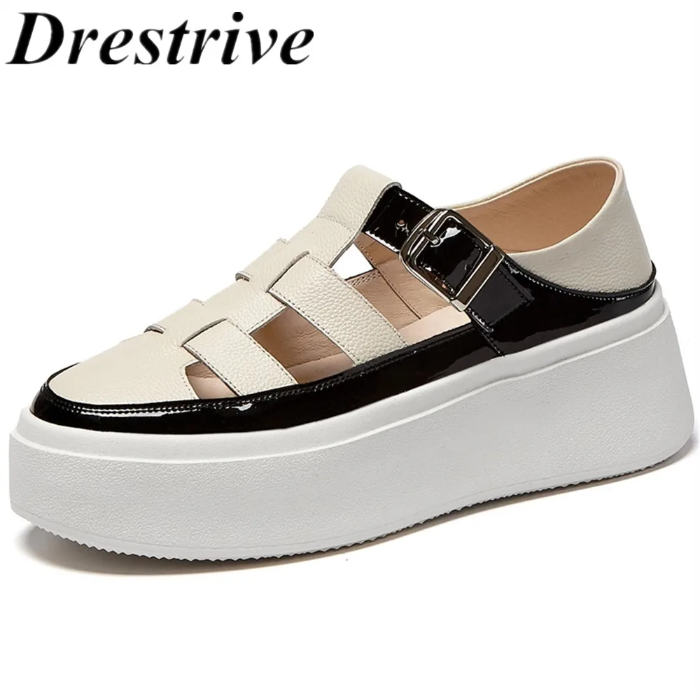 

Drestrive Women Pumps Genuine Leather Platform Buckle Mixed Colors 2020 Summer Casual Shoes Shallow Round Toe Cow Leather