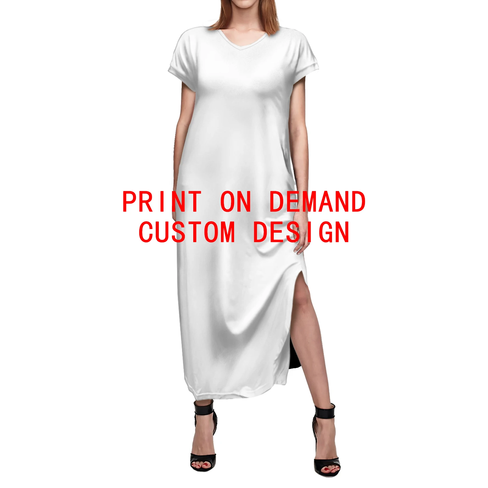 

Custom Image Women Split Dress Casual Short Sleeved Long Sundress Lady Bodycon Dresses Vestidos Print On Demand Drop Shipping