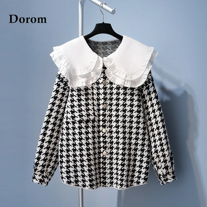 

Sweet Peter Pan Collar Sweater Coat Women Autumn Winter Houndstooth Knitted Cardigan Causal Long Sleeve Oversize Knitwear