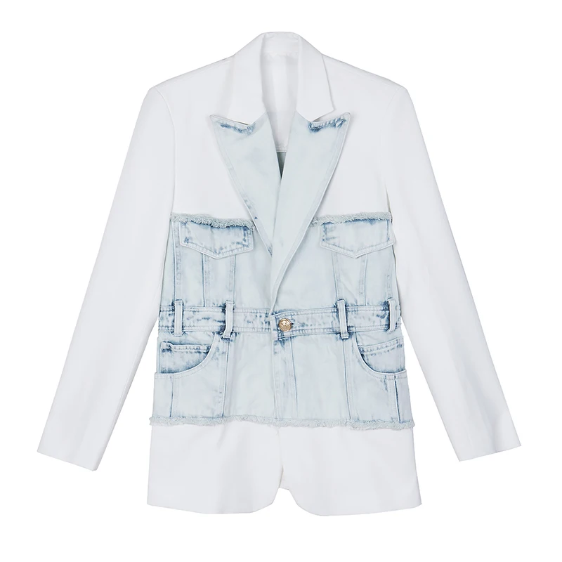 TWOTWINSTYLE джинсовый лоскутный выдалбливающий Женский блейзер с зубчатым