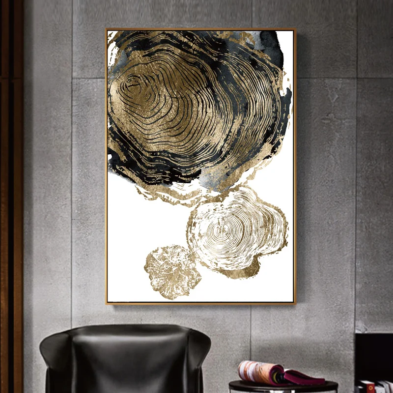 

Abstract Art Black Gold Annual Ring Oil Poster Nordic Canvas Painting Print Mural Modern Picture Living Room Decoration