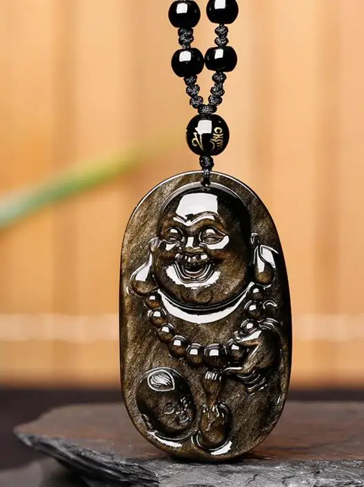 

Natural Gold Obsidian Carved Chinese Freedom Beads Buddha Blessing Amulet Pendant + free Necklace Charming Gift Jewelry
